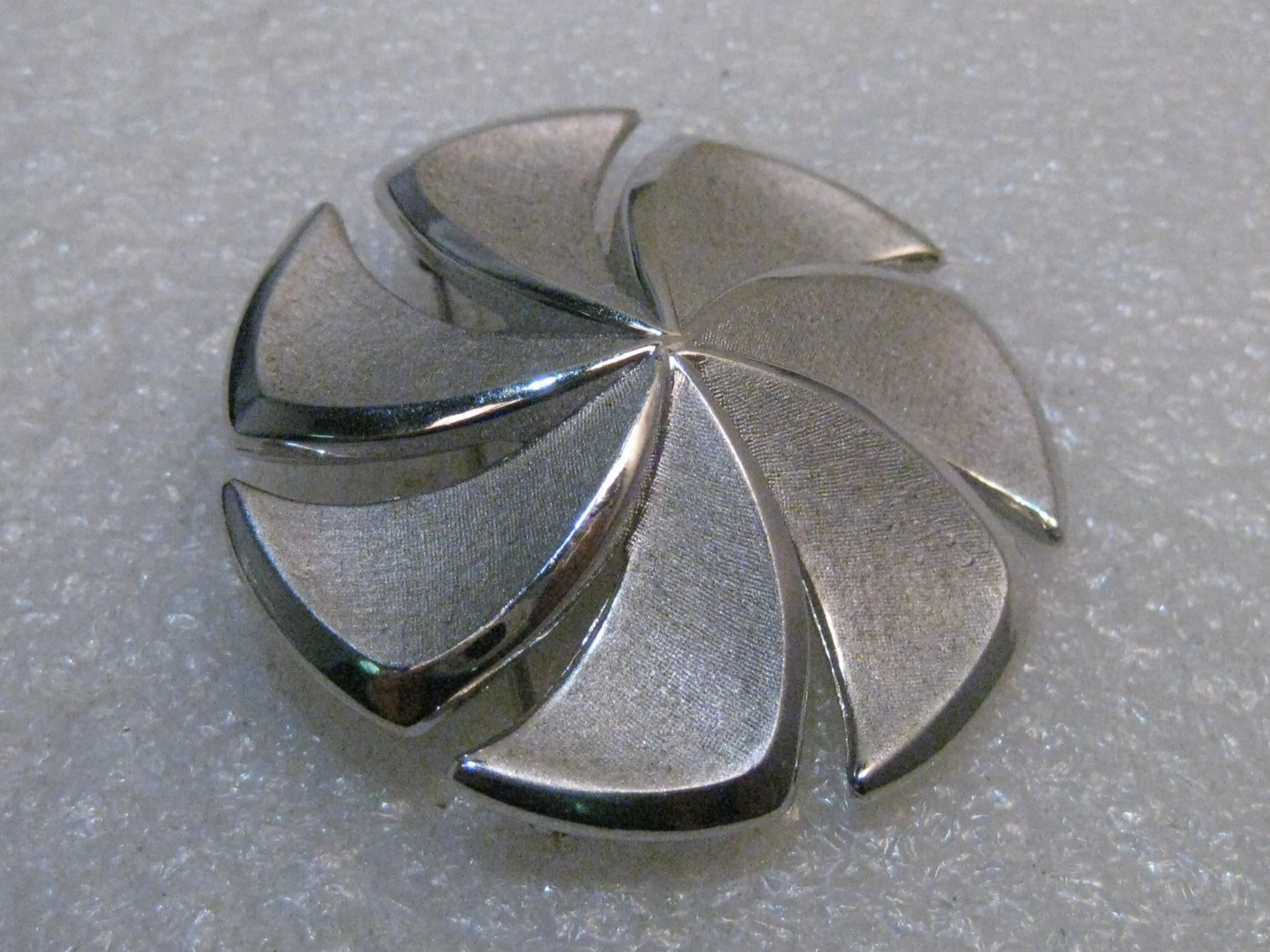 Vintage Crown Trifari Pinwheel Brooch, Spiral, Domed, Brushed Finish, 1960's-1970's, 1.75"
