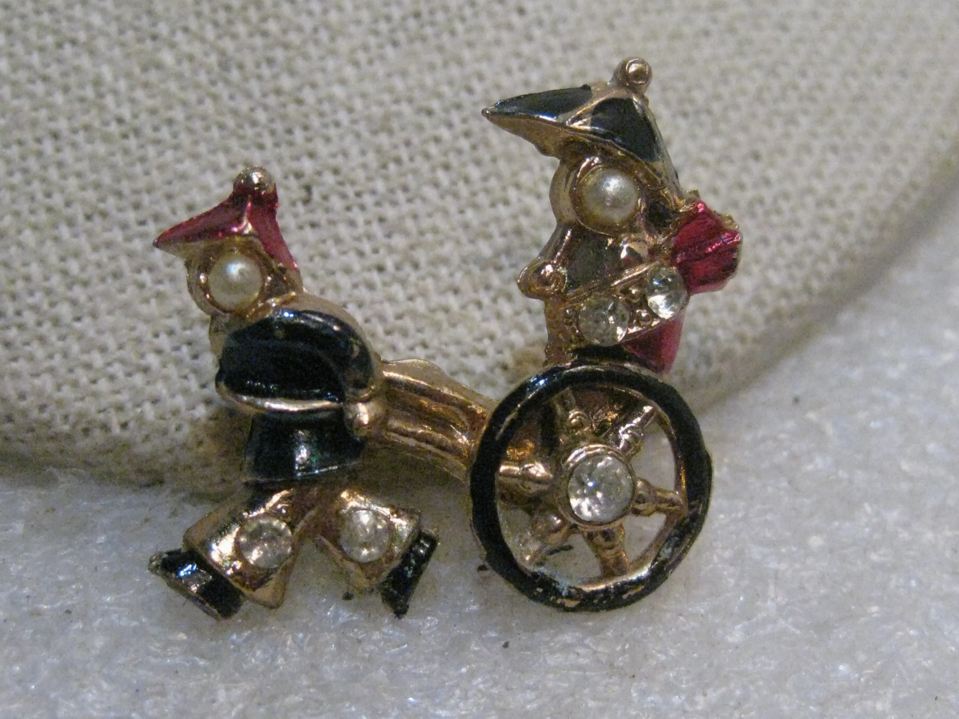 Vintage Enameled Rickshaw Brooch - Chinese Ricksha - Faux Pearl, Rhinestones, 1960's