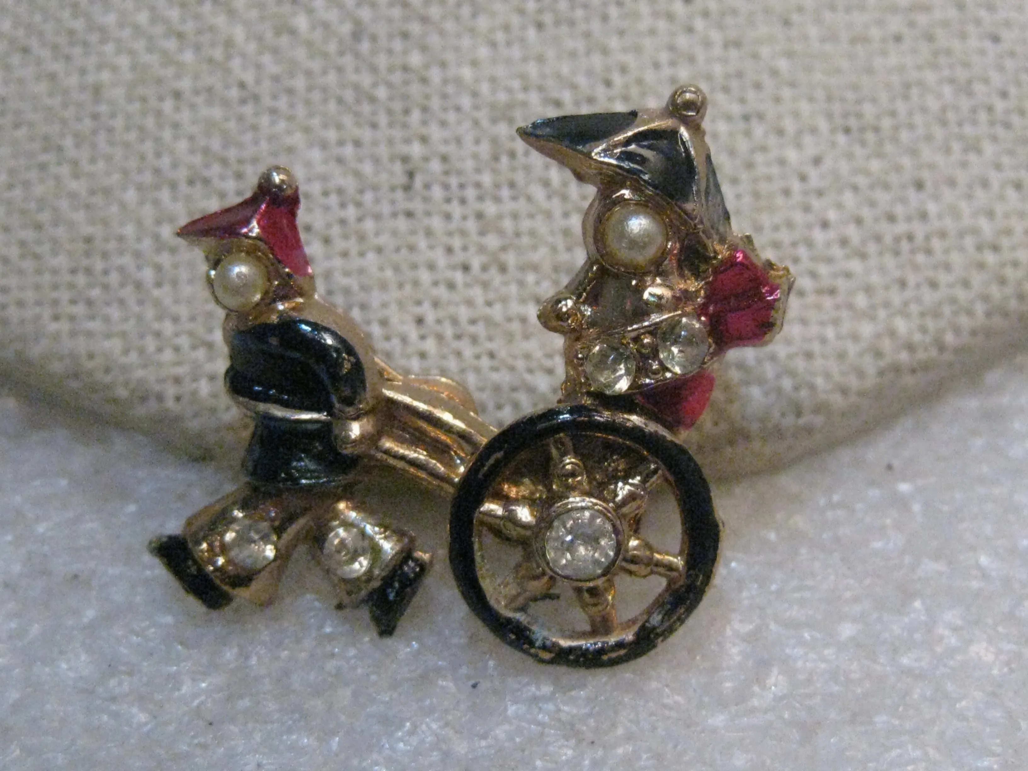 Vintage Enameled Rickshaw Brooch - Chinese Ricksha - Faux Pearl, Rhinestones, 1960's