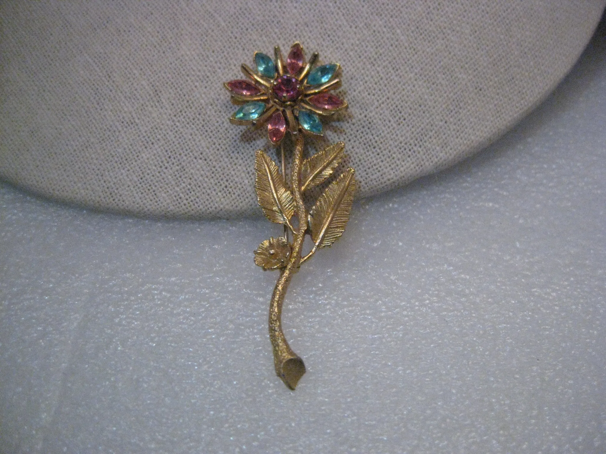 Vintage Gold Tone Pink & Blue Rhinestone Floral Stem Brooch, 1960's, 3.25"