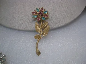Vintage Gold Tone Pink & Blue Rhinestone Floral Stem Brooch, 1960's, 3.25"