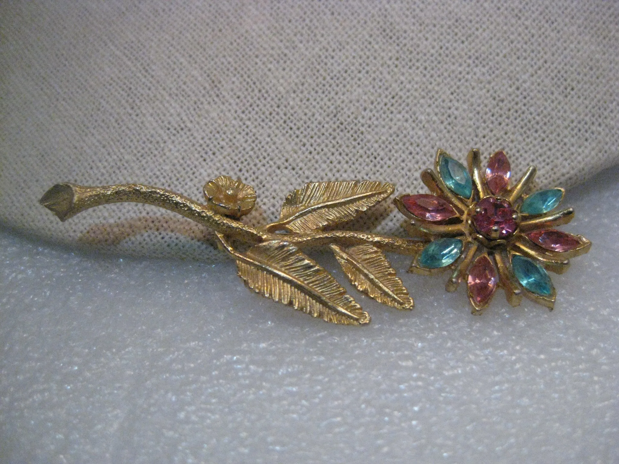 Vintage Gold Tone Pink & Blue Rhinestone Floral Stem Brooch, 1960's, 3.25"