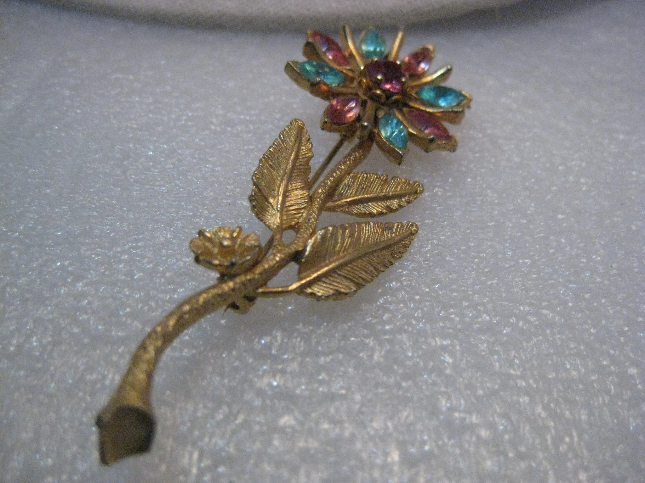 Vintage Gold Tone Pink & Blue Rhinestone Floral Stem Brooch, 1960's, 3.25"