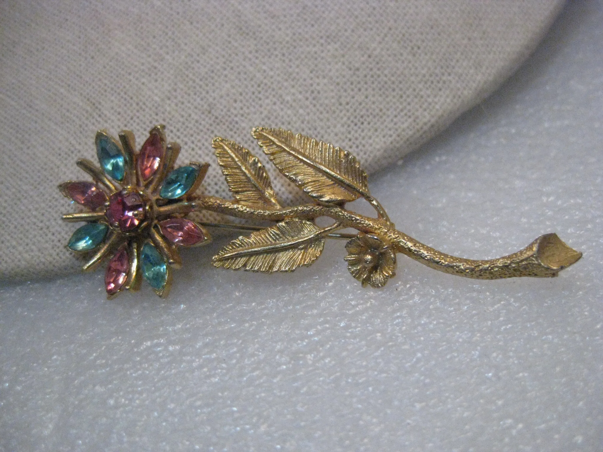Vintage Gold Tone Pink & Blue Rhinestone Floral Stem Brooch, 1960's, 3.25"