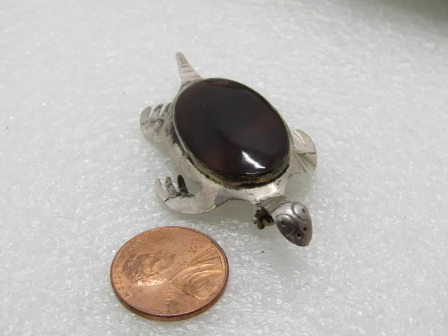 Vintage Sterling Taxco Turtle Brooch, Brown Tortoiseshell, 2.25", Mexico, 1970's