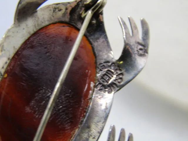 Vintage Sterling Taxco Turtle Brooch, Brown Tortoiseshell, 2.25", Mexico, 1970's