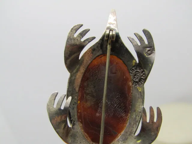 Vintage Sterling Taxco Turtle Brooch, Brown Tortoiseshell, 2.25", Mexico, 1970's