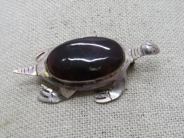 Vintage Sterling Taxco Turtle Brooch, Brown Tortoiseshell, 2.25", Mexico, 1970's