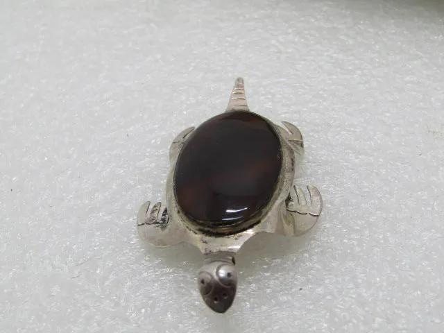 Vintage Sterling Taxco Turtle Brooch, Brown Tortoiseshell, 2.25", Mexico, 1970's